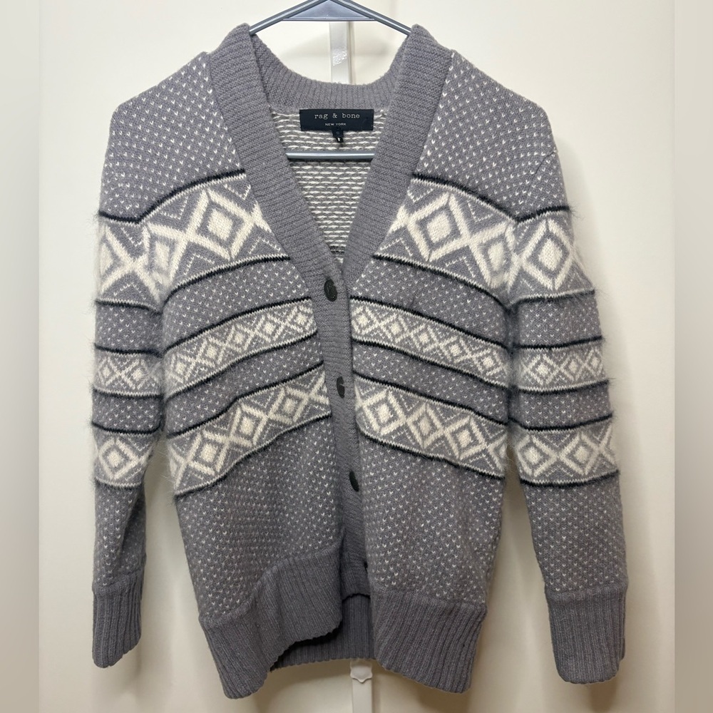 Rag & Bone Wool Angora Cardigan Gray Geometric Pattern Sweater - Picture 2 of 4